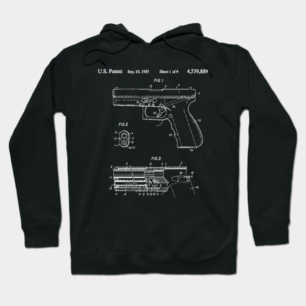 Black hoodie with vintage patent design, cotton material, casual style, suitable for daily wear.