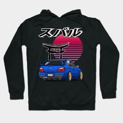 Black hoodie with retro car design, featuring blue car and pink sun. Perfect for car enthusiasts and casual wear.