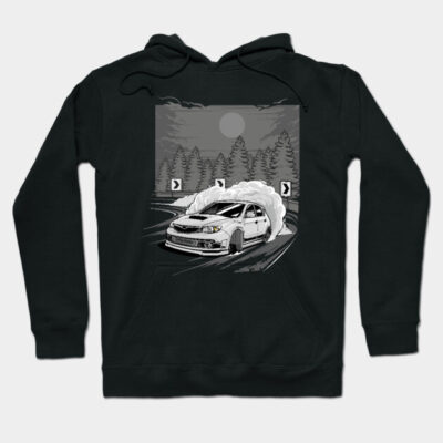 Black hoodie with car drift graphic design, moonlit forest background, casual wear, cotton blend.