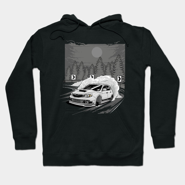 Black hoodie with car drift graphic design, moonlit forest background, casual wear, cotton blend.