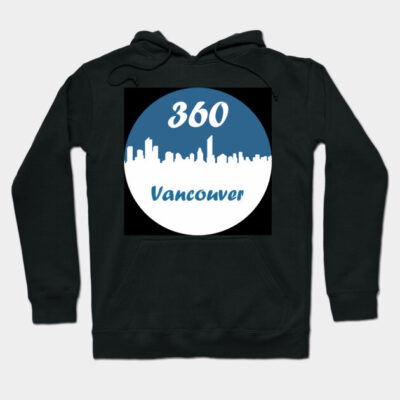 Black hoodie with "360 Vancouver" cityscape design, casual style, comfortable cotton material, perfect for everyday wear.