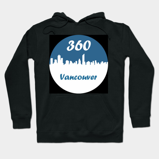 Black hoodie with "360 Vancouver" cityscape design, casual style, comfortable cotton material, perfect for everyday wear.