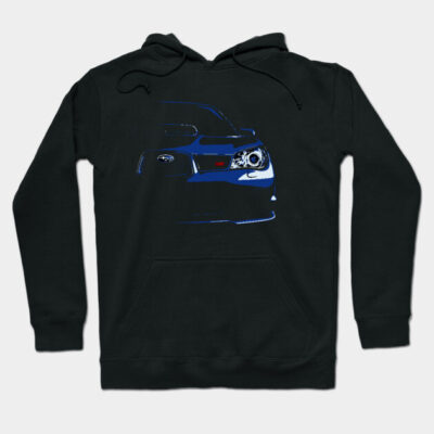 Black hoodie with blue sports car graphic, front pocket, drawstring hood, casual wear, cotton blend material.