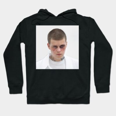 Black hoodie with front graphic design, casual style, cotton material, ideal for everyday wear.