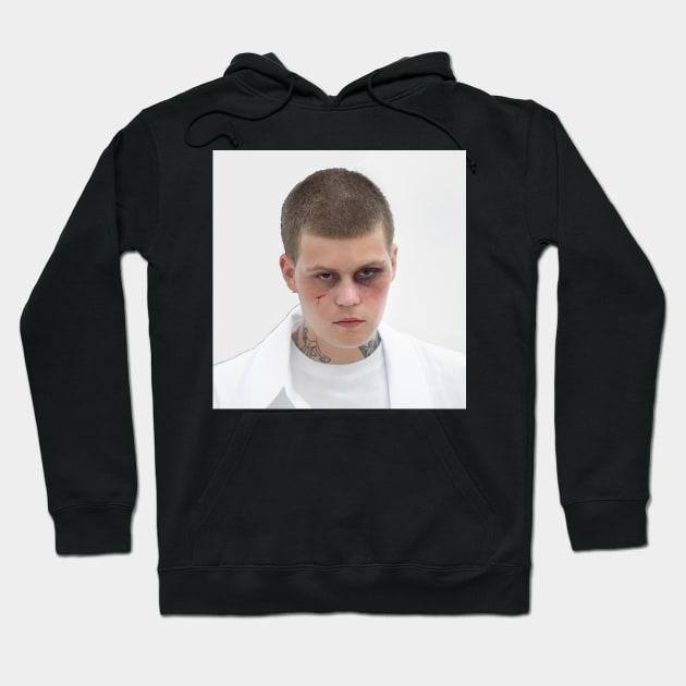Black hoodie with front graphic design, casual style, cotton material, ideal for everyday wear.