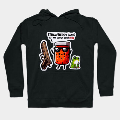 Black hoodie with a fun graphic featuring a jar of strawberry jam, a frog, and text humor. Casual and playful style.