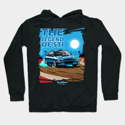 Black hoodie featuring "The Legend of STI" car graphic, ideal for car enthusiasts. Comfortable, stylish, and unique design.
