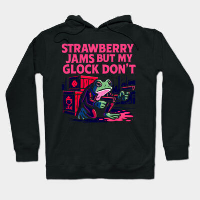 Black hoodie with colorful frog graphic and bold text, ideal for casual wear. Made from soft, durable material.
