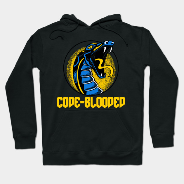 Black hoodie with blue snake graphic and "Code-Blooded" text, perfect for casual wear and coding enthusiasts.