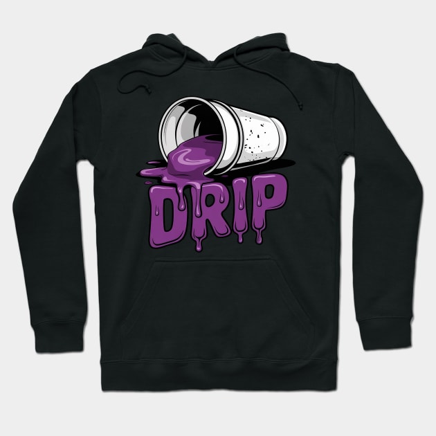 Black hoodie with colorful "Drip" graphic, featuring a purple liquid design, casual style, cotton blend fabric.