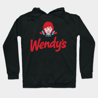 Black hoodie with red text and graphic design, featuring playful logo. Cozy cotton blend for casual wear.