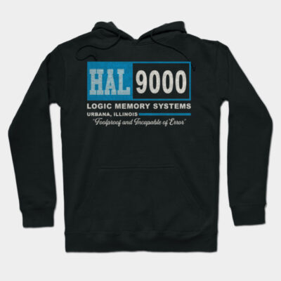Black HAL 9000 hoodie, vintage text design, unisex cotton blend, casual wear, front pocket, drawstring hood.