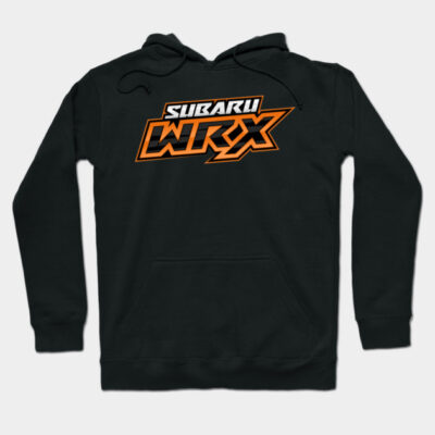 Black Subaru WRX hoodie with orange logo, casual style, warm cotton material, ideal for car enthusiasts.