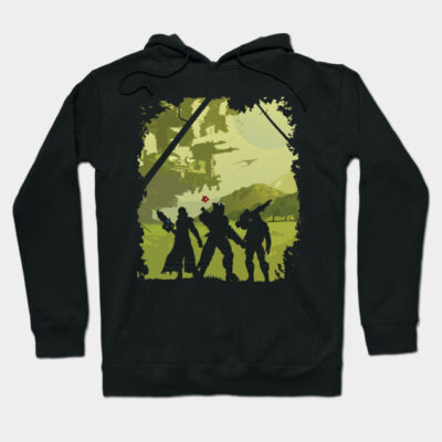 Black hoodie with green landscape and silhouette design, casual wear, cotton blend, perfect for gaming enthusiasts.
