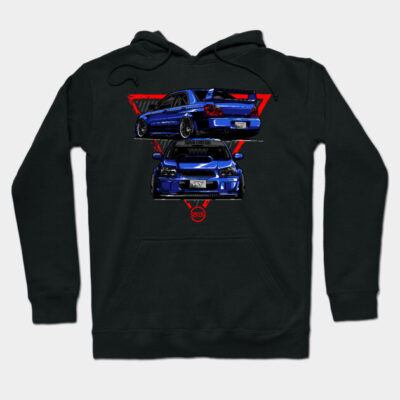 Black hoodie with blue sports car graphic, featuring red accents. Casual style, ideal for car enthusiasts. Cotton blend.