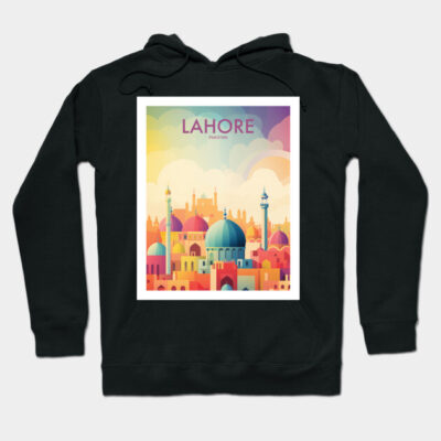 Black hoodie with vibrant Lahore cityscape print, cozy cotton material, ideal for casual wear and cultural enthusiasts.