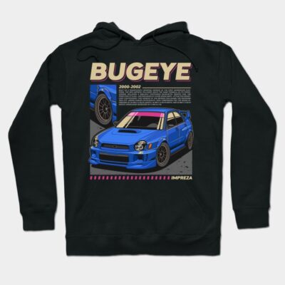 Black hoodie featuring blue car graphic and "Bugeye" text, stylish and comfortable for casual wear.
