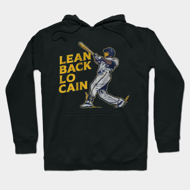 Black hoodie with baseball player graphic and "Lean Back Lo Cain" text, perfect for sports fans and casual wear.
