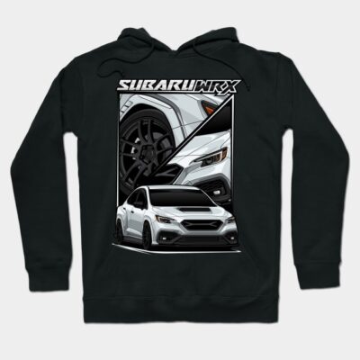 Black hoodie with Subaru WRX graphic, featuring a white car design. Casual wear, cotton blend material, unisex style.