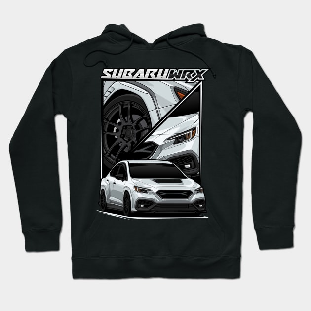 Black hoodie with Subaru WRX graphic, featuring a white car design. Casual wear, cotton blend material, unisex style.