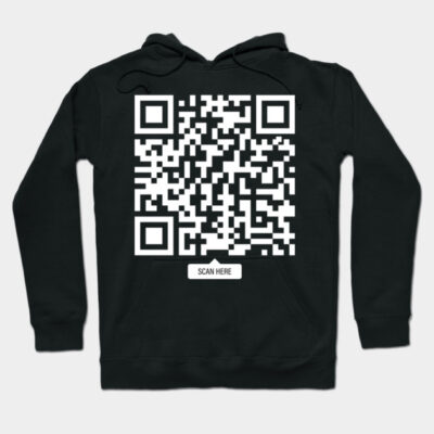 Black hoodie with large white QR code design on front, casual style, cotton material, unisex fashion.
