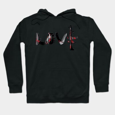 Black hoodie with "LOVE" design in weapon shapes, casual style, cotton blend, ideal for everyday wear.