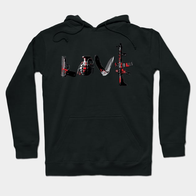 Black hoodie with "LOVE" design in weapon shapes, casual style, cotton blend, ideal for everyday wear.