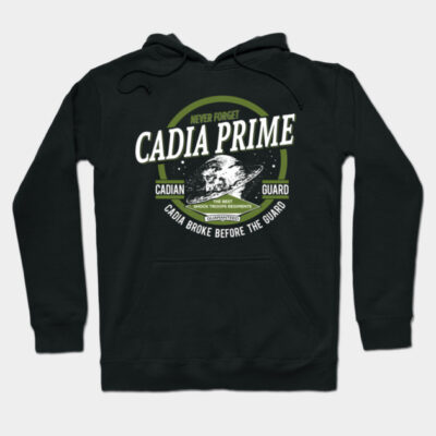 Black "Cadia Prime" hoodie featuring a graphic design, ideal for casual wear, made from soft cotton blend material.