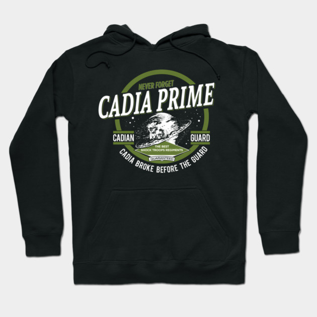 Black "Cadia Prime" hoodie featuring a graphic design, ideal for casual wear, made from soft cotton blend material.