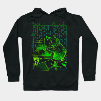 Black hoodie with neon green "Hacker Cat" design, featuring a cat at a computer. Perfect for tech enthusiasts.