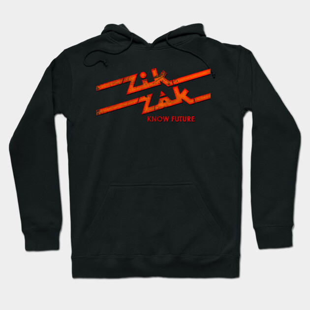 Black hoodie with red "Zik Zak Know Future" graphic, featuring a front pocket and drawstring hood. Casual wear.