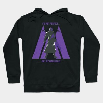Black hoodie with purple warlock graphic and text, cozy cotton blend, perfect for casual wear and gaming enthusiasts.