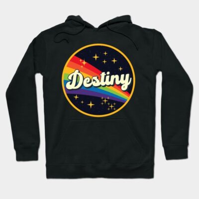 Black hoodie with "Destiny" text, rainbow and stars graphic. Cozy cotton material, ideal for casual wear and layering.