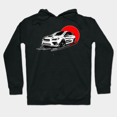 Black hoodie featuring a sporty car graphic with red sun backdrop, perfect for casual wear and car enthusiasts.