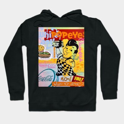 Black hoodie with colorful retro diner graphic, featuring food and text elements, casual and stylish for everyday wear.