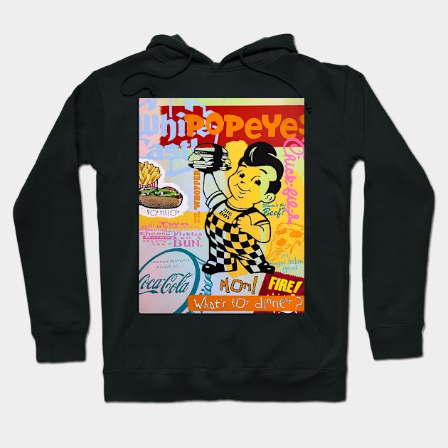 Black hoodie with colorful retro diner graphic, featuring food and text elements, casual and stylish for everyday wear.
