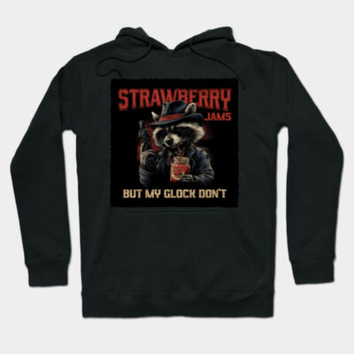 Black hoodie with raccoon graphic, "Strawberry Jams" text, humorous street style, cotton blend, casual wear.