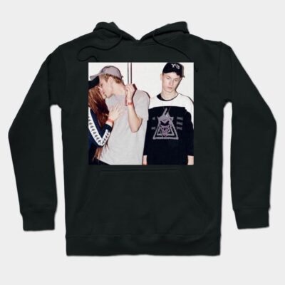 Black hoodie with graphic print, casual style, soft cotton material, ideal for everyday wear or lounging.