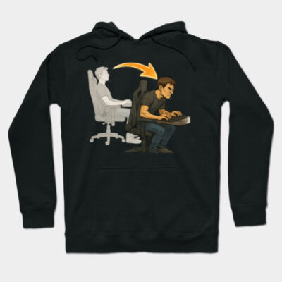 Black hoodie with gaming posture graphic, cotton material, casual style, ideal for gamers, unisex design.