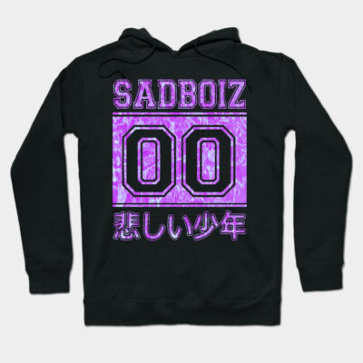 Black hoodie with purple graphic text "SADBOIZ" and "00", casual streetwear style, comfortable cotton material.