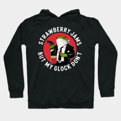 Black hoodie with humorous frog graphic, text "Strawberry Jams But My Glock Don't", casual streetwear style.