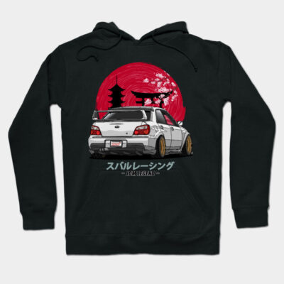 Black hoodie with Japanese car design, red sun, and cherry blossoms; stylish streetwear for car enthusiasts.