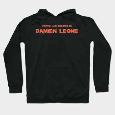 Black hoodie with bold orange text design on the front, featuring a cozy fit and durable material for casual wear.