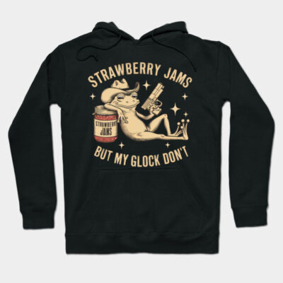 Black hoodie with playful frog design, "Strawberry Jams" text, casual wear, cotton blend material.