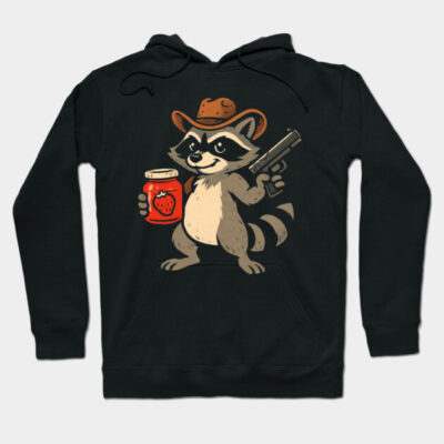 "Black hoodie with playful raccoon print, cowboy hat, holding jam and toy gun, cotton blend, casual wear."