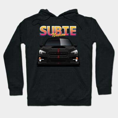 Black hoodie with "Subie Nation" graphic, featuring a sports car design. Ideal for car enthusiasts, cotton material.