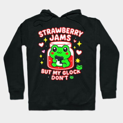 Black hoodie with cute green frog graphic, text "Strawberry Jams," playful style, casual wear, cotton material.