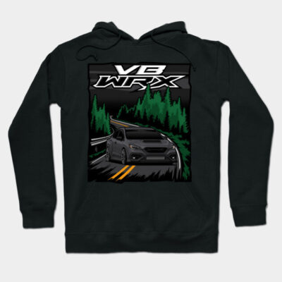 Black VB WRX hoodie featuring a car and forest graphic, perfect for car enthusiasts. Comfortable cotton blend material.