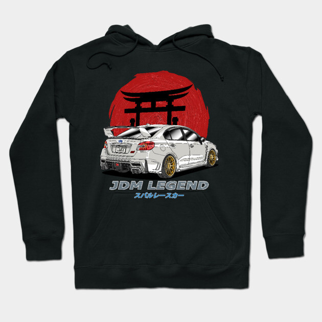 Black hoodie with JDM Legend car graphic, red sun background. Stylish and cozy streetwear for car enthusiasts.