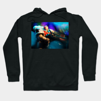 Black hoodie featuring colorful sci-fi action figure design, perfect for casual wear, made from soft, comfortable fabric.
